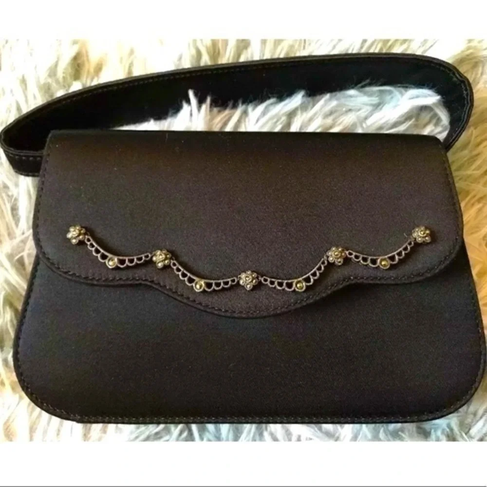 Judith Jack Floral Marcasite Satin Detachable Strap Small Clutch Handbag Purse